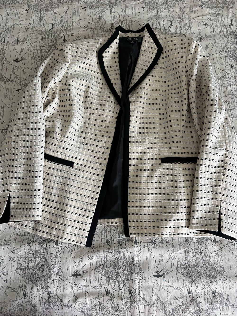 Kasper White Tweed Open-Front Jacket with Black Trim